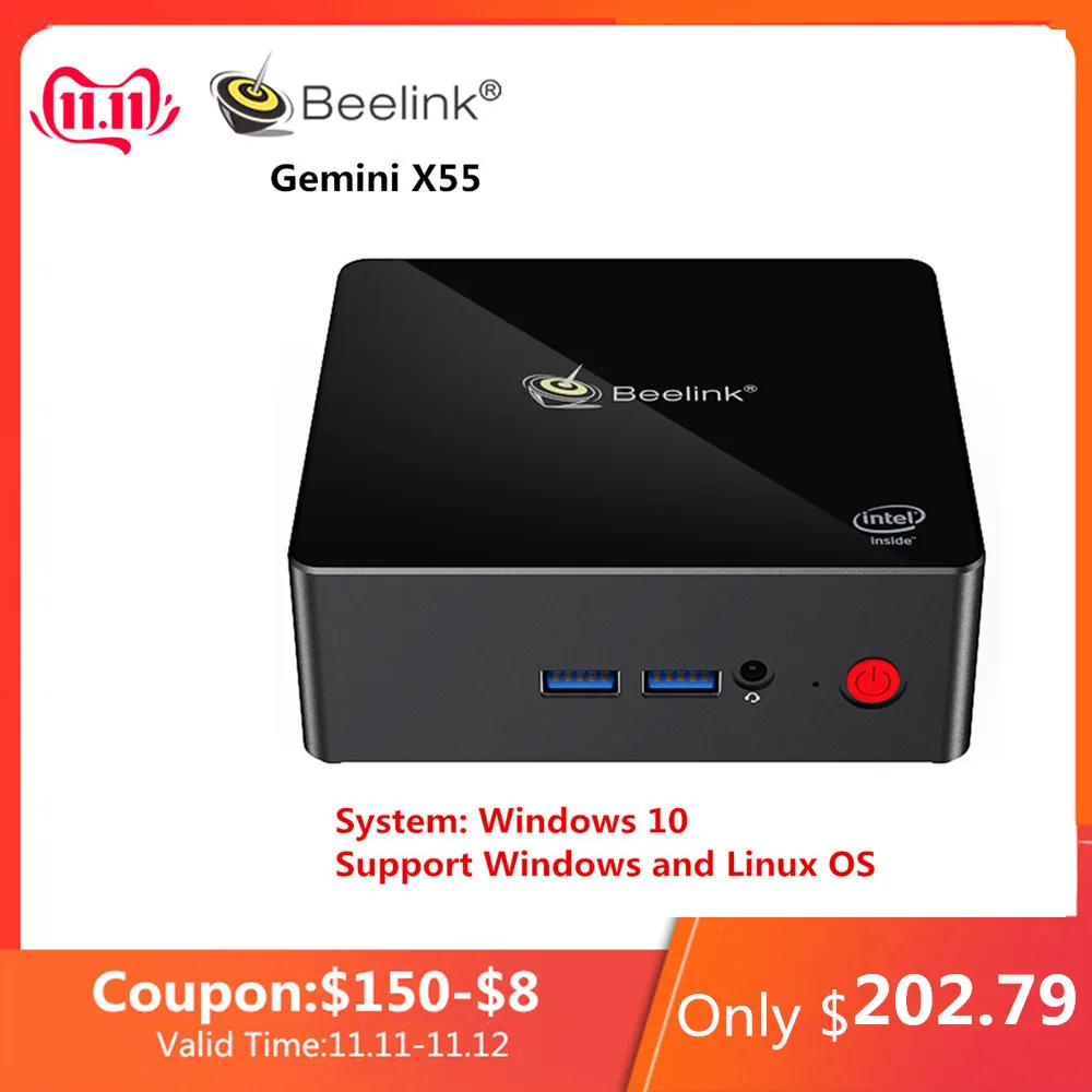 

Beelink Gemini X55 Mini PC J5005 Windows 10 Mini PC 8GB LPDDR4 256/512GB 2.4GHz+5GHz WIFI 2*HDMI BT4.0 Support Windows and Linux