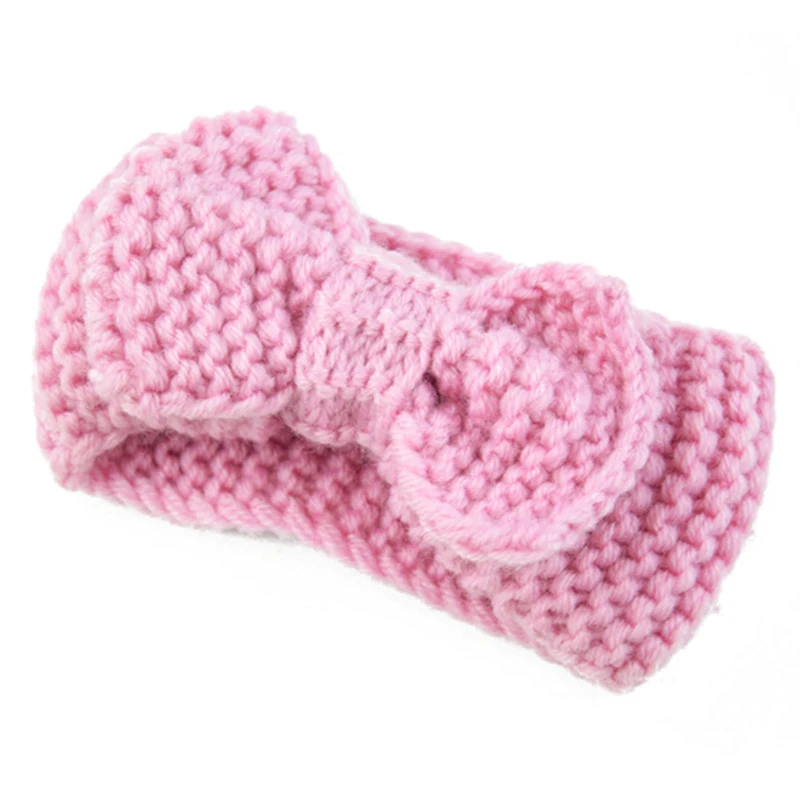 Милая Теплая повязка на голову с ушками для новорожденных детей, вязаная крючком повязка на голову с большим бантом, аксессуары для волос для детей на осень и зиму - Цвет: Розовый