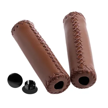 

1Pair Brown Stitched Leather MTB BMX Road Mountain Cycling Bike Bicycle Handlebar End Grips Whosale&Dropship