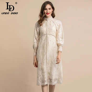 

LD LINDA DELLA Autumn Fashion Solid Elegant Holiday Dress Women Long Sleeve Gorgeous Hollow out Embroidery Vacation Party Dress