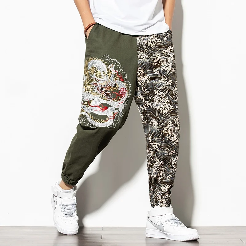 Китайский дракон, вышивка, Мужские штаны для бега, уличная одежда для бега, Мужские штаны в стиле хип-хоп, спортивные штаны, мужские брюки, новинка, KK3279