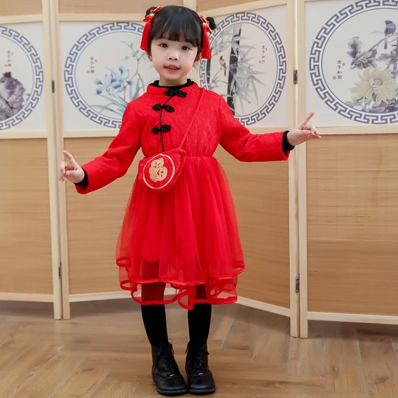Китайское Новогоднее платье; Cheongsam; Детские платья с фатиновой юбкой с цветочной вышивкой для маленьких девочек; сезон зима-весна; платье принцессы с начесом+ сумка на удачу