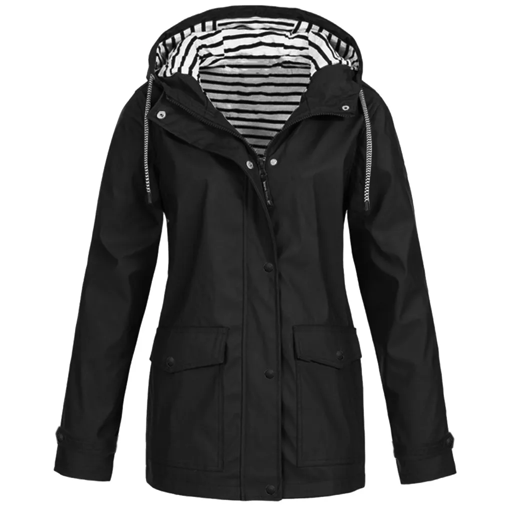 Women Jackets Winter Coat Jacket Women Solid Rain Outdoor Plus Waterproof Hooded Raincoat Windbreaker Lightweight#40 - Цвет: Black