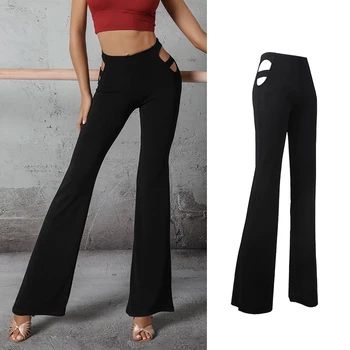 

2020 Latin Dance Pants Women Sexy Waist Cutout Boot Cut Trousers Ladies Cha Cha Samba Tango Salsa Dancing Practice Wear DNV12983