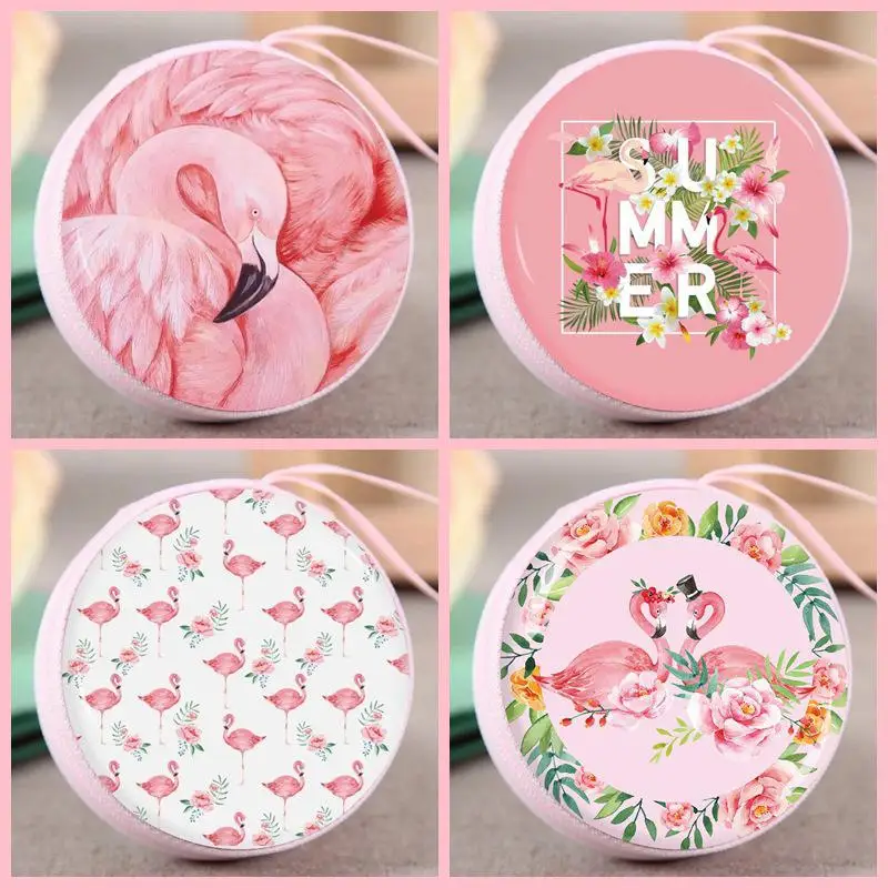

Girls Cute Sweet Flamingo Pattern Round Mini Portable Coin Purse Wallet with Coin Bag Zipper New Design Dollar Slim Purse Money