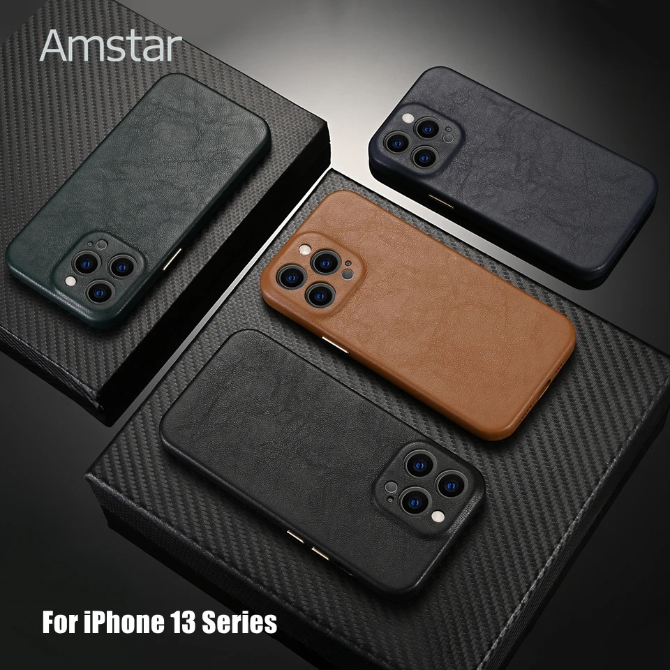 Amstar Luxury High-end Leather Phone Case for iPhone 13 Pro Max Metal Button Camera Wrapped Leather Cover for iPhone 13 Mini best iphone 12 mini case