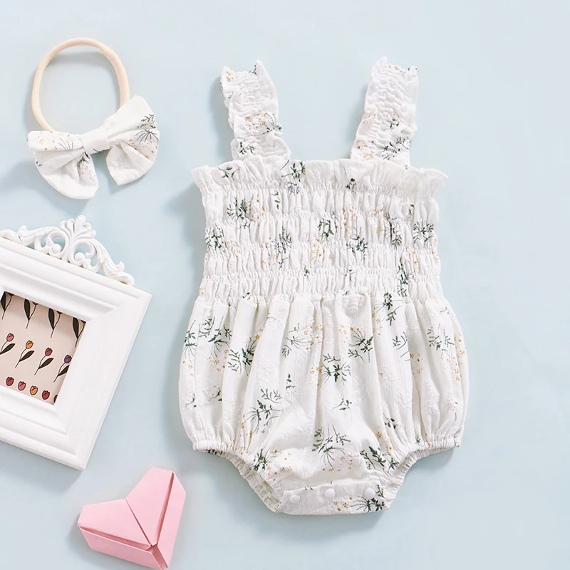 vintage Baby Bodysuits Newborn Baby Girl Ruffles Rompers Floral Sleeveless Jumpsuit Shoulder Straps Playuits + Bow Headband 2Pcs Pleated Casual Clothes Baby Bodysuits made from viscose  Baby Rompers