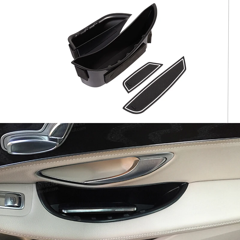 Car Door Handle Storage Armrest Glove Tray Box For W205 C-Class GLC 2015-2019 black, Front Door 