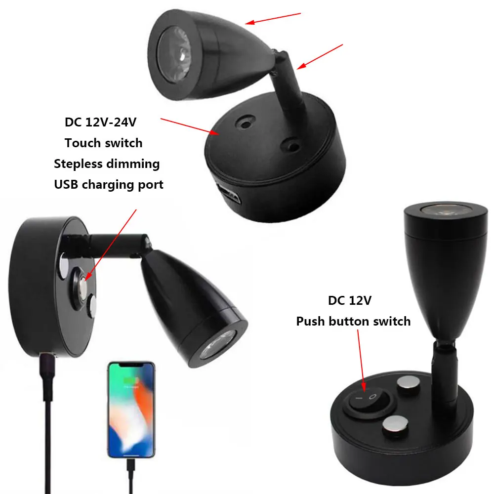 Black Aluminum DC 12V 24V Touch Dimmable RV LED Reading Light Fixture
