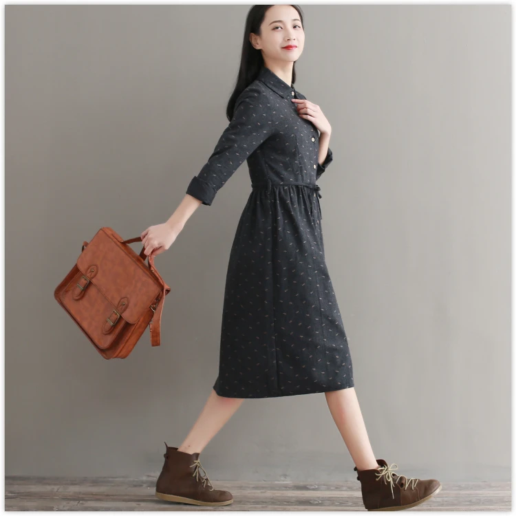 Robe Femme/осенне-зимнее винтажное платье элегантные хлопковые платья с длинными рукавами и отложным воротником для девочек Vestidos AF830