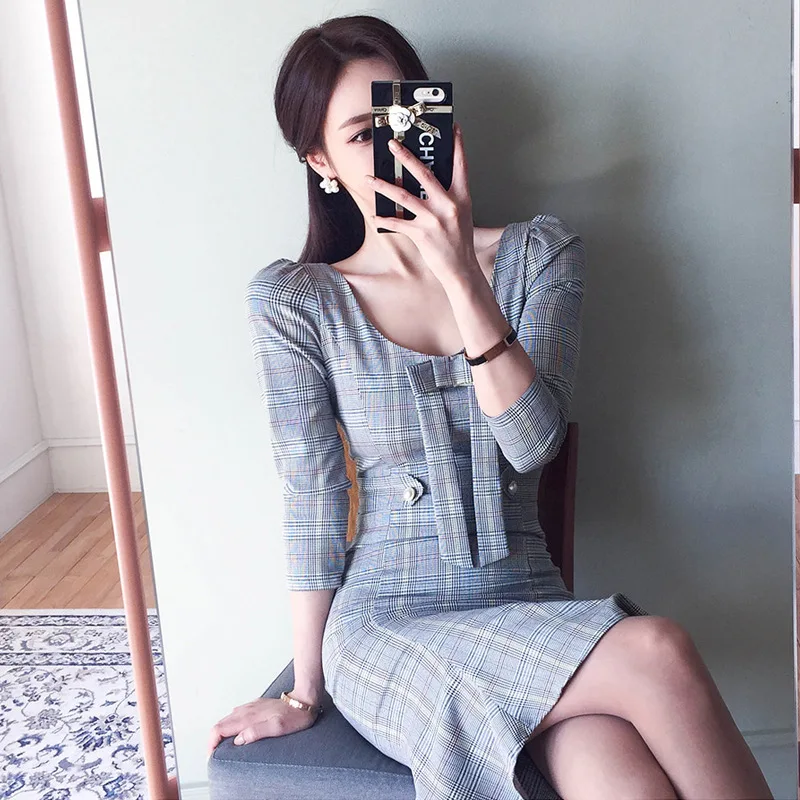 

2019 Autumn And Winter New Style Korean-style Fashion Debutante Elegant Slimming Plaid Fishtail Dress Formal Dress 1935