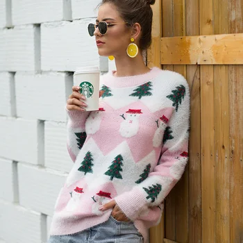 

QUEVOON Women's Winter Knitted Pullovers Ugly Christmas Sweaters Snowman Print Round Neck Long Sleeve Shaggy Loose Sweaters Pull