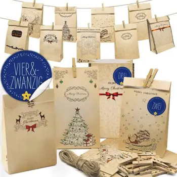 

24Pcs Advent Christmas Calendars Kraft Paper Candy Bag with Stickers Clips Rope 67JB