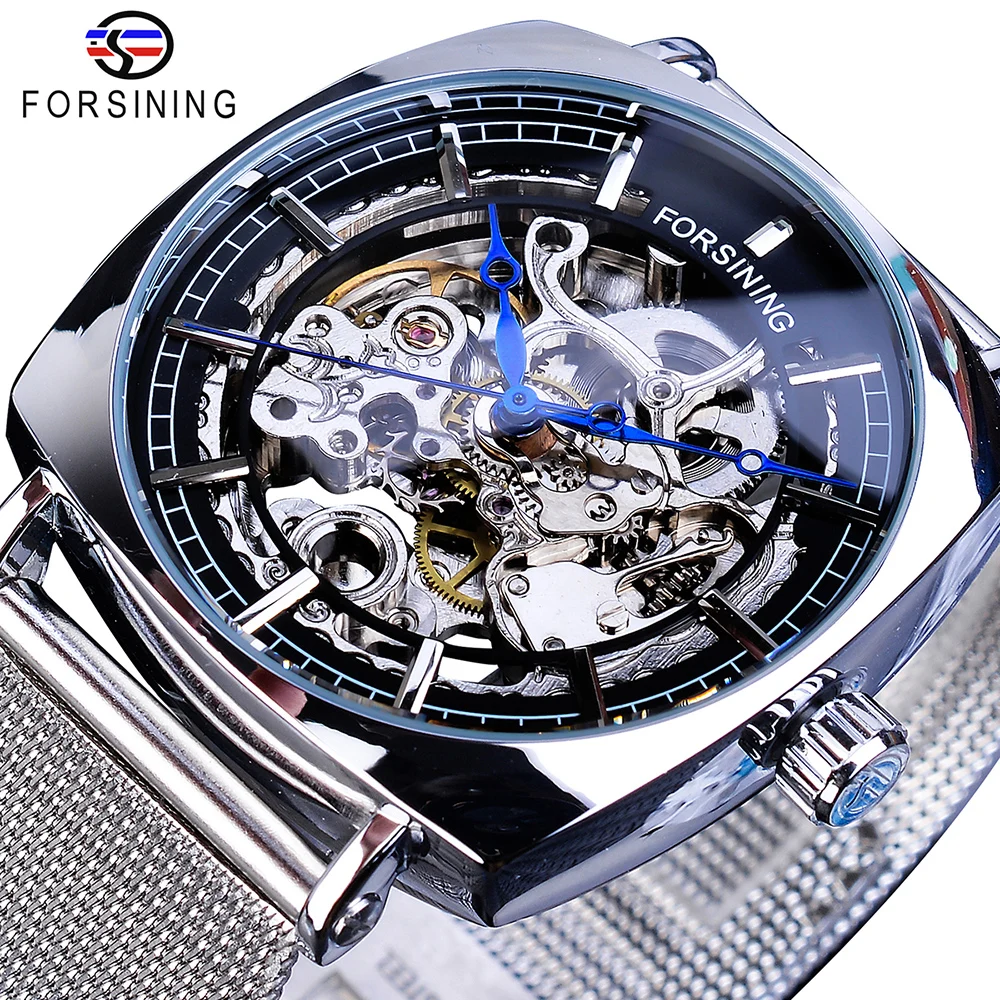 Forsining Top Brand Luxury Man Clock Fashion Mens Watch Casual Waterproof Rose Gold Mesh Skeleton Mechanical Wristwatches - Цвет: W1076-6