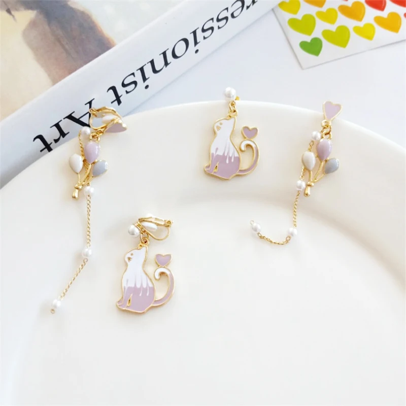 

Korea Cute Sweet Pink Cat Balloon Asymmetric Earrings Ear Clip Heart Pearl Long Earrings Female Trendy Temperament Jewelry Gift