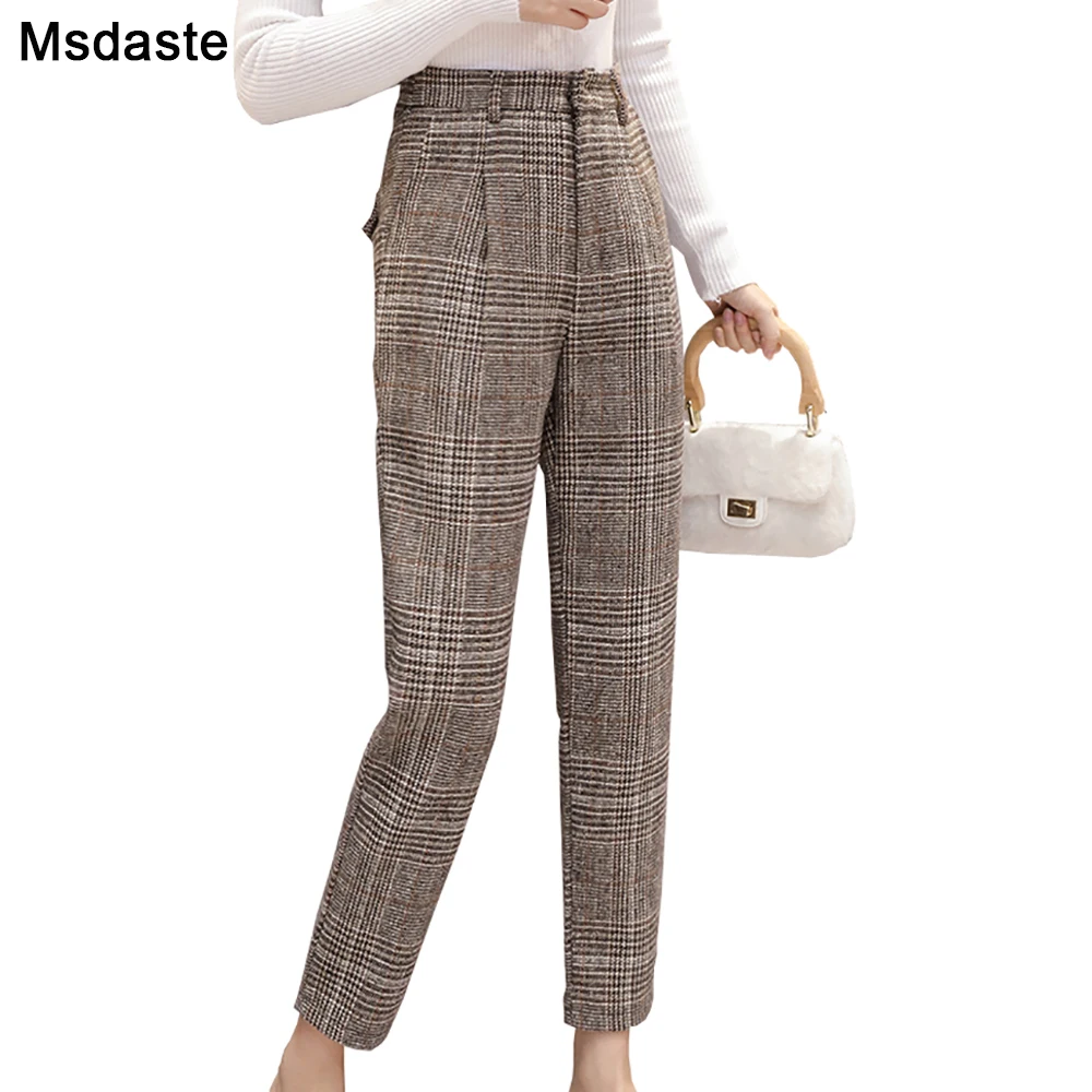 

Women Plaid Woolen Pants 2019 Autumn Winter Wear Female Casual Wool Thick Trousers Warm Ankle-Length Straight Office Lady Pant