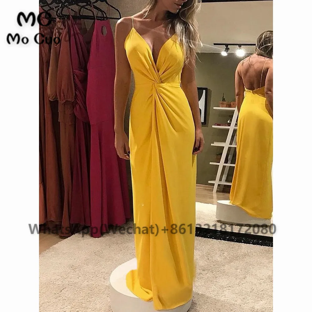 Twist-bodice-open-back-spaghetti-straps-yellow-sheath-long-evening-dress