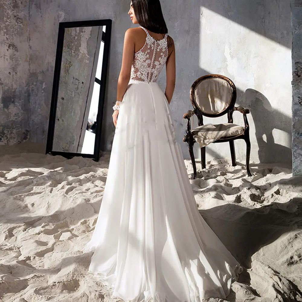 reception dress for bride Simple V-Neck Front High Split Wedding Dresses For Women Custom Made 2022 Lace Appliques Chiffon Spaghetti Straps Bridal Gown off the shoulder wedding dress