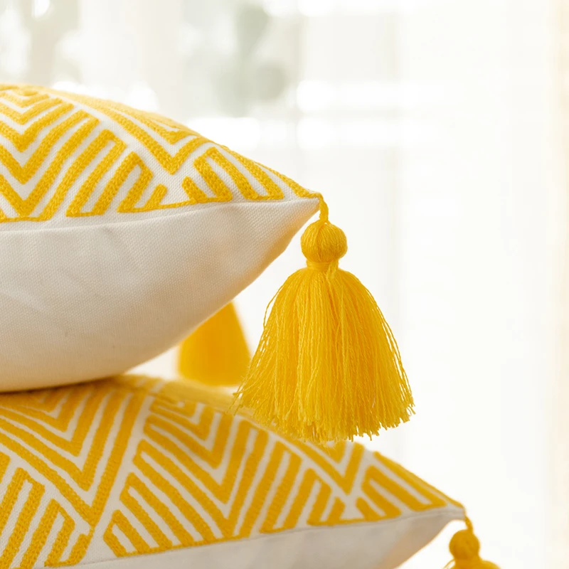 Наволочка для подушки 45x45 см, геометрический холст, хлопковая наволочка с вышивкой, декоративная наволочка для дивана, кровати, желтый цвет
