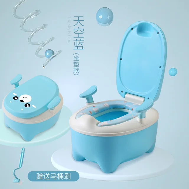 blue with cushin Милый детский горшок с животным дизайном, дизайнерский горшок с медведем, безопасный материал, Детский горшок для туалета, щетка для горшка - Color: blue with cushin
