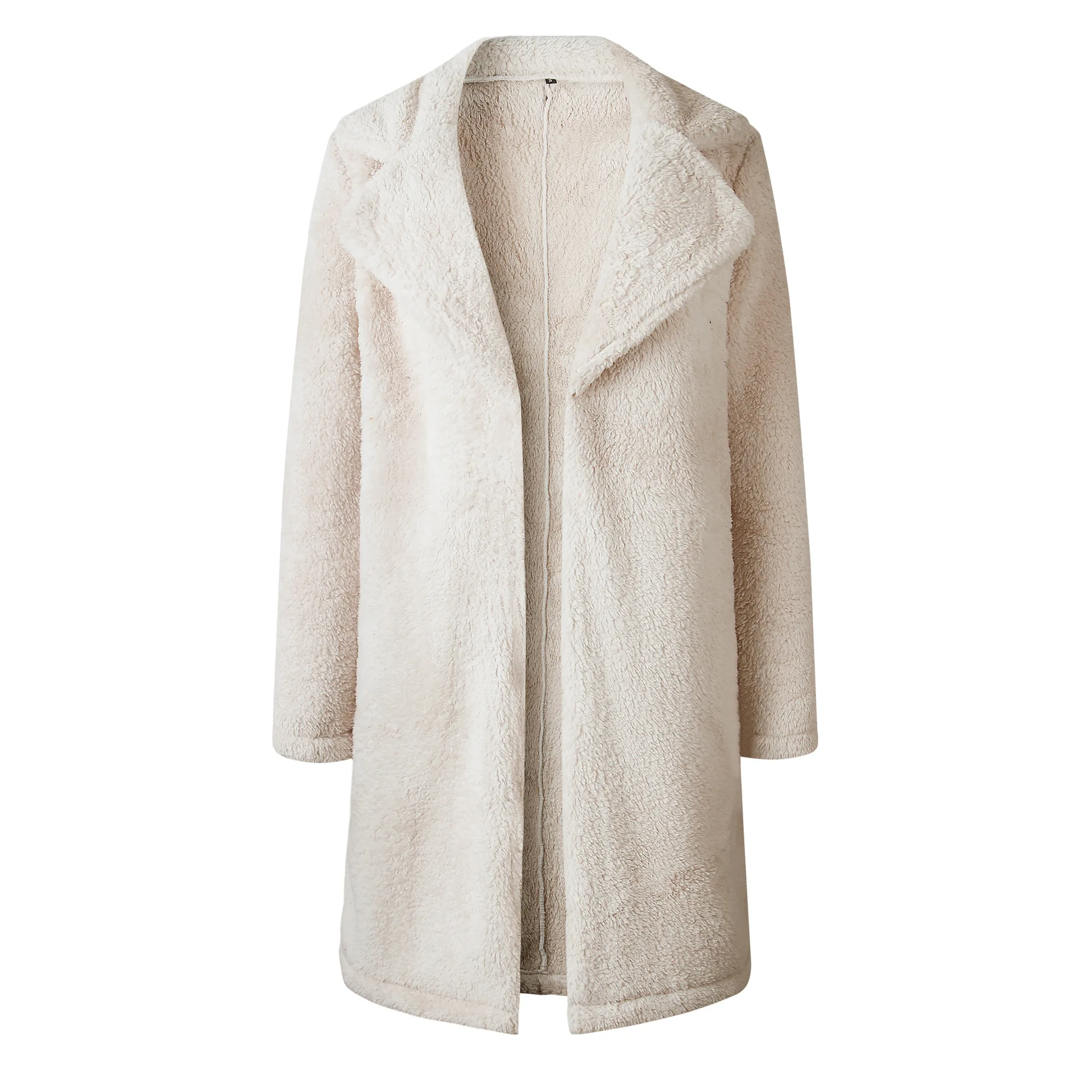 Женское осенне-зимнее пальто с отворотом, Женское пальто с длинным рукавом, открытая передняя куртка, длинная верхняя одежда, повседневное теплое кашемировое пальто из искусственного меха