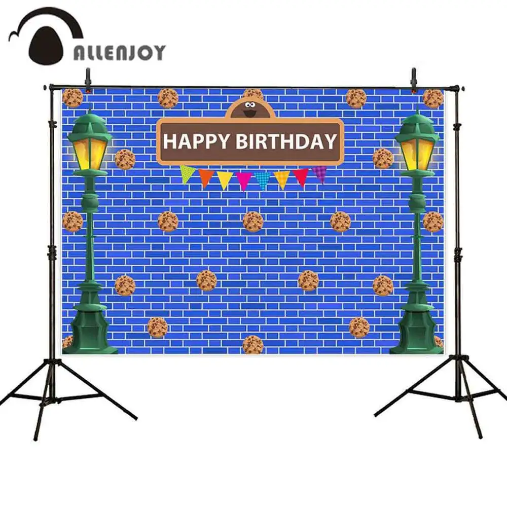 

Allenjoy Blue Brick Wall Photozone Street Light Cookies Step And Repeat Backdrops Curtain Happy Birthday Party Activity Decor