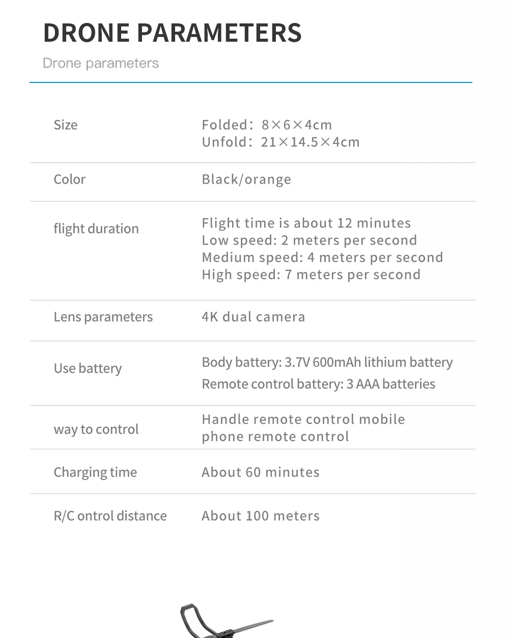 K5 Mini Drone, drone parameters size folded: 8x6x4cm color black