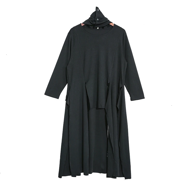 Black with neck Женская Черная симметричная длинная футболка с разрезом, новинка, круглый вырез, длинный рукав, модный стиль, весна-осень 1899 - Цвет: Black with neck