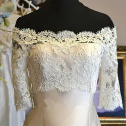 Off-the-shoulder Bolero Jacket White/Ivory Lace 3/4 Sleeve Buttons Back Wedding Jacket Bridal Wraps