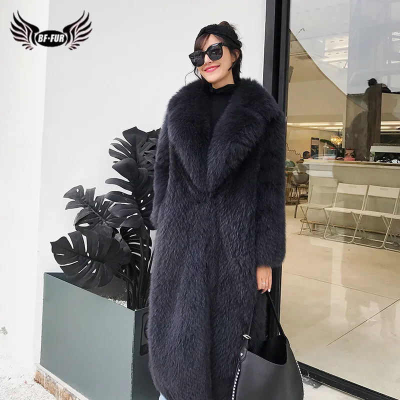 

Winter Fashion Dark Grey Real Fox Fox Fur Coat For Women 120cm X-Long Natural Thick Blue Fox Fur Jacket Big Peach Heart Collar