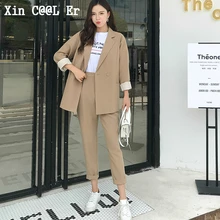  fashion New High Quality Casual Solid Women Pant Suits Notched Collar Blazer Jacket Pencil Pant Khaki Female Suit Autumn Set