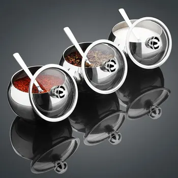 

Portable Sugar Bowl With Lid And Spoon Kitchen Stainless Steel Sugar Box Container Cooking Sugar Salt Spice Jar Storage Bottle