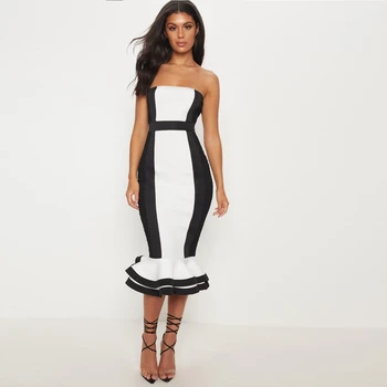 

2019 Women Summer Strapless White With Black Patchwork Mermaid Bandage Dress Mid Calf Backless Sexy Vestidos Club Dresses