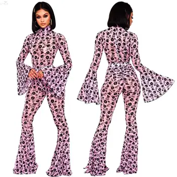 

New Tracksuit Women Set Turtleneck Flare Sleeve Top Skinny Print Pants Two Piece Set Top And Pants Casual Fitness Women Outfits