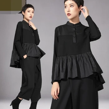 

European station fall 2020 new short before and after the long and Thin long-sleeved women's patchwork temperament doll