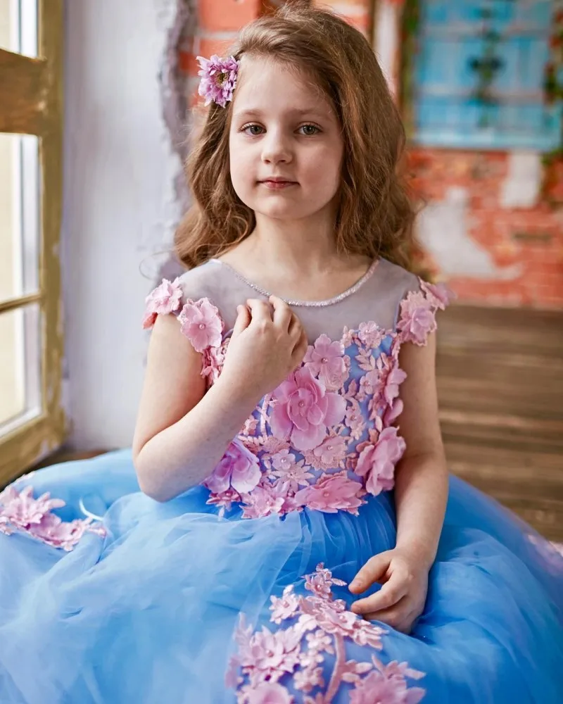 High Quality Customized Blue Flower Girl Dress for Wedding Party with Pink 3D Flowers Puffy Tulle Kids Girls Pageant Gown