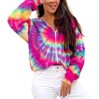 

Tie Dye Print Hooded Jacket Women Ladies Long Sleeve Coat Fashion Zipper Tops Female Spring Baseball Outwear Clothes