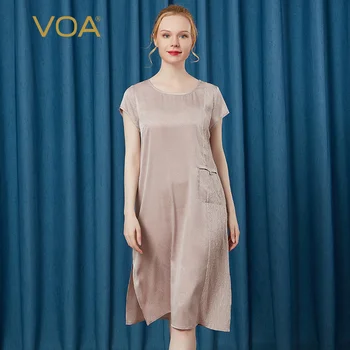 

Voa Satin Silk Round Neck Sleeve Loose Waist Patch Square Pocket Skin-friendly Aj10 Elegant Dresses Women Party Dress Vestido