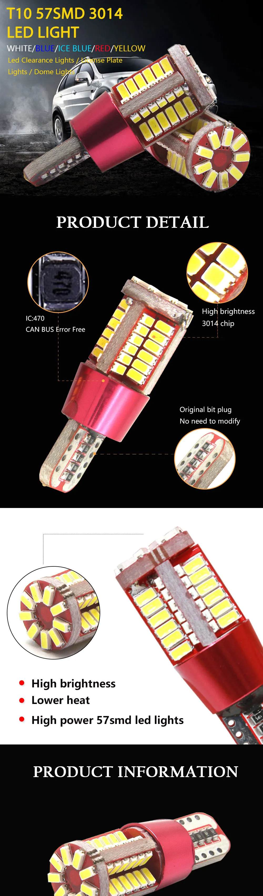 1 шт. t10 w5w 194 501 57SMD 3014 Светодиодный canbus светодиодный парковочная лампа авто Клин габаритный фонарь с can-bus яркая кварцевая белый лицензионный светильник