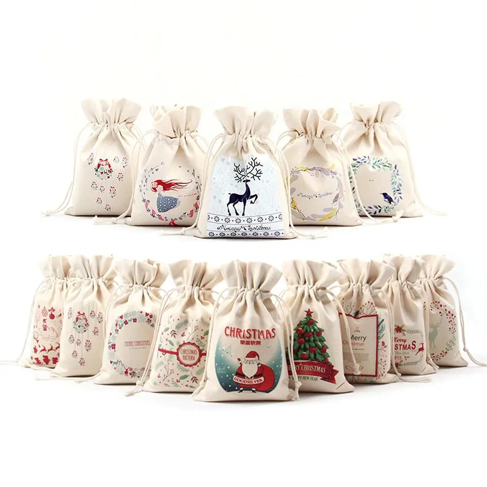 

Christmas Canvas Gift Candy Bag Santa Deer Elk Ride New Year Xmas Drawstring Bundle Bags Best Gifts For Kids Event Party Decor