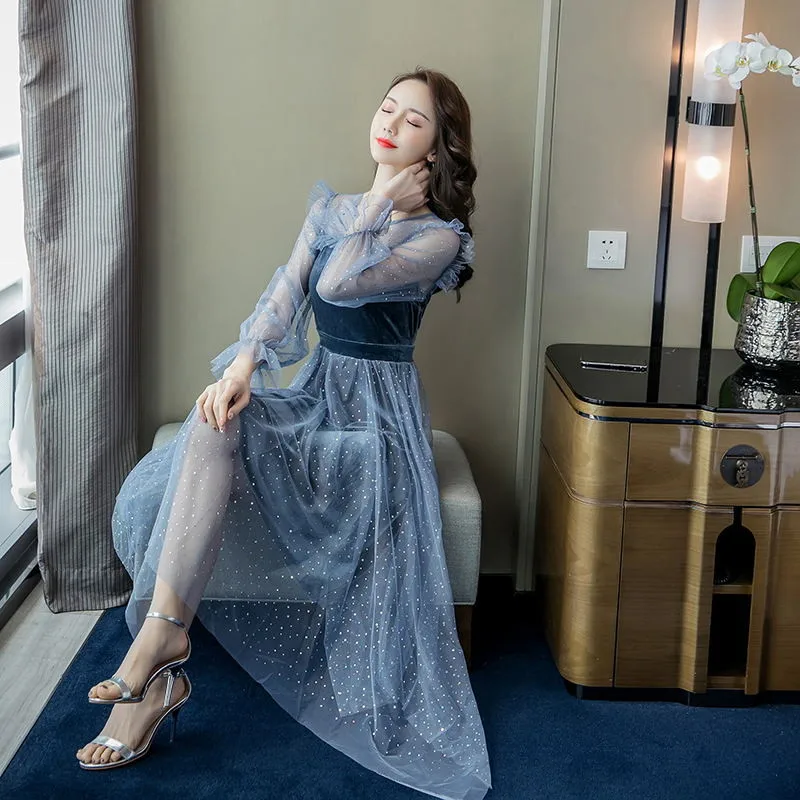 

Fashion Vintage Autumn Dress Women Mesh Dress Round Neck Party Dress Long Sleeve Elegant Irregular Vestidos