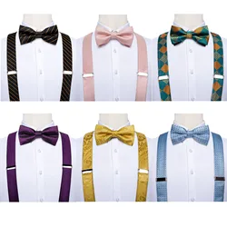 DiBanGu Mens Adjustable Silk Suspenders Bow Tie Cufflinks Pocket Square Set Metal Clips Y back Elastic Braces Wide Strap 3.5CM