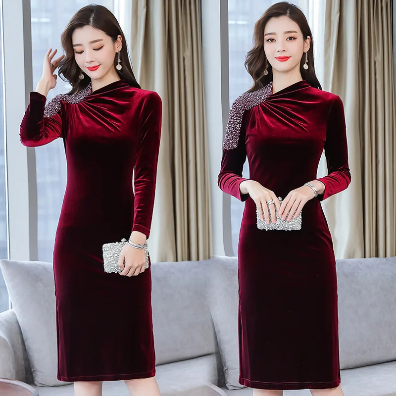Бархатное платье с бусинами, женская осенняя и зимняя элегантная приталенная юбка с длинным рукавом в стиле ретро, пальто с юбкой