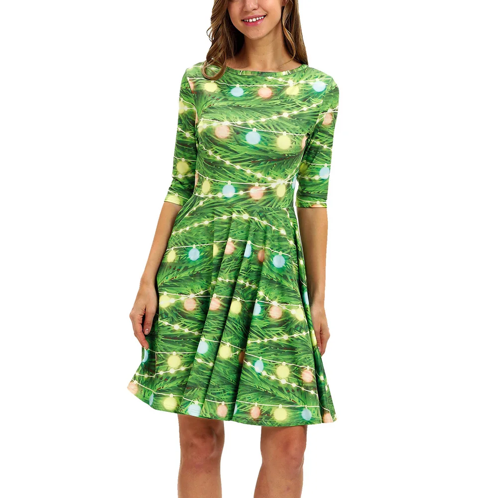 Костюм для рождественской вечеринки Vestidos, винтажные женские мини-платья с зеленым принтом, женские рождественские вечерние мини-платья на осень и зиму