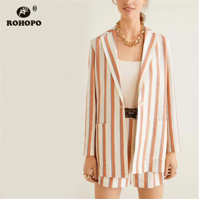 

ROHOPO Cotton Linen Women Yellow Blue Vertical Stripe Blazer Side Pockets Single Button Slimly veste #27347
