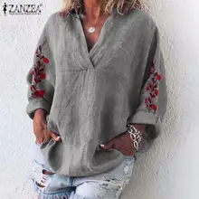 Blusas Top ZANZEA Осенняя женская блузка винтажная вышитая хлопковая рубашка Повседневная v-образный вырез с длинным рукавом Свободная Туника Топы Femme