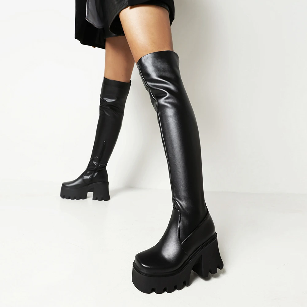 Super High Hollow Heel Square Toe Over-The-Knee Women's Boots High Waterproof Platform Punk Style Heightening Sole Trendy Boots