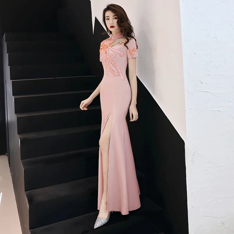 Темно-синие женские длинные вечерние платья Русалка Cheongsam элегантный китайский стиль воротник стойка вышитое платье тонкий Vestido XS-3XL