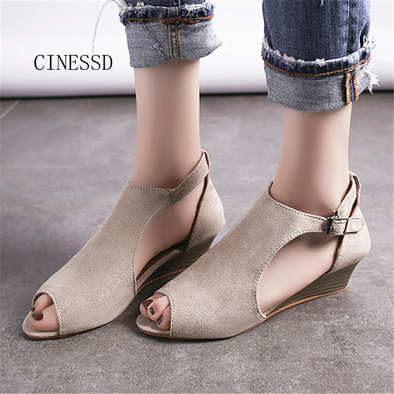 

Plus-size wedge sandals fish-tip Roman Heel covering pure color fashionable comfortable wedges shoes for women zapatos de mujer