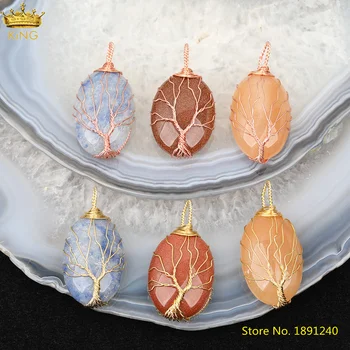 

5pcs Natural Stone Tree of Life Pendant Necklace,Rose Gold Wire Wrapped Red Goldstones Oval Charms For Jewelry Making DSS-253KBH